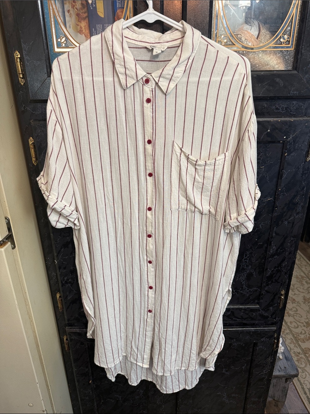 Cato Cream Button-Down Shirt with Red Stripes BoHo style long button up